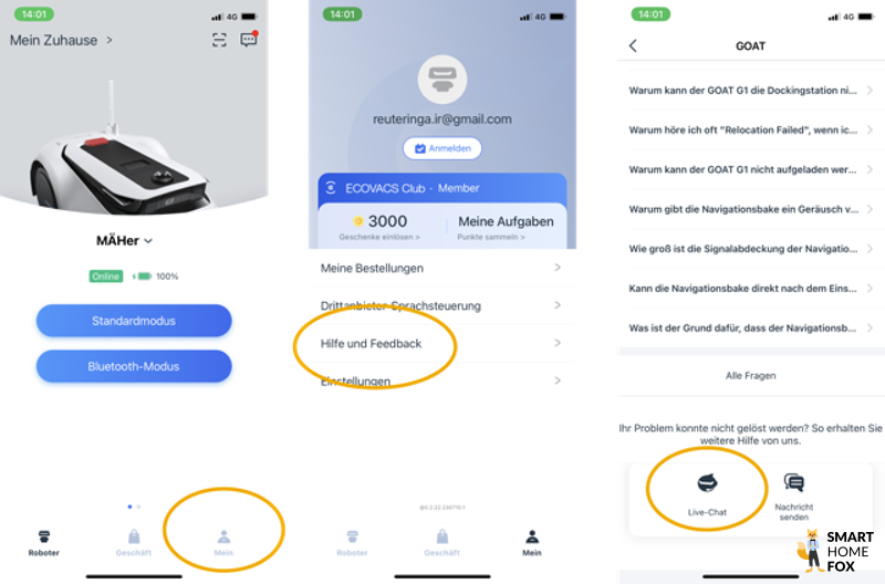 Screenshots der ECOVACS App, wo der Live Chat zu finden ist